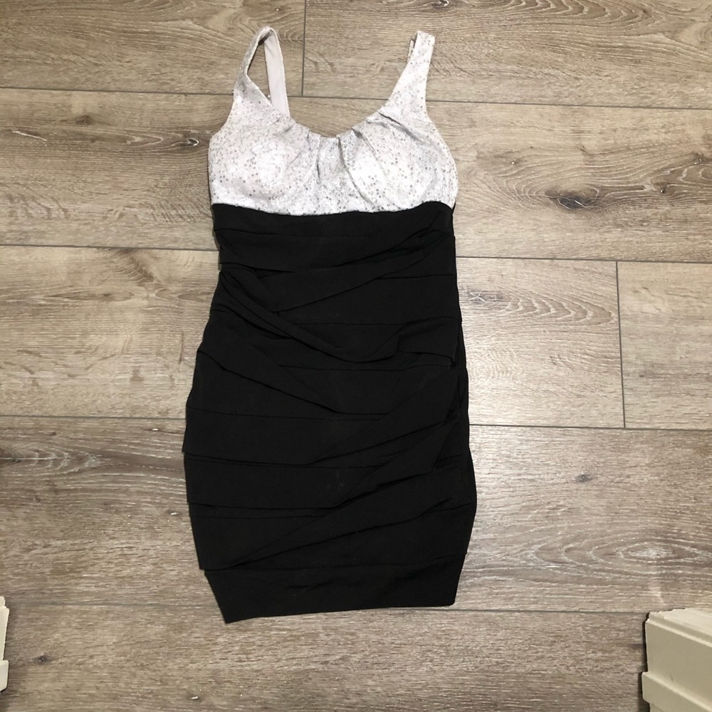 Black ruched/layered dress with sequin top